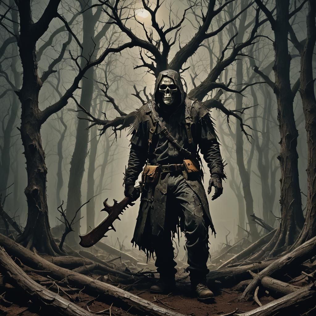 Macabre Figure in Moonlit Forest: Dark Fantasy Art
