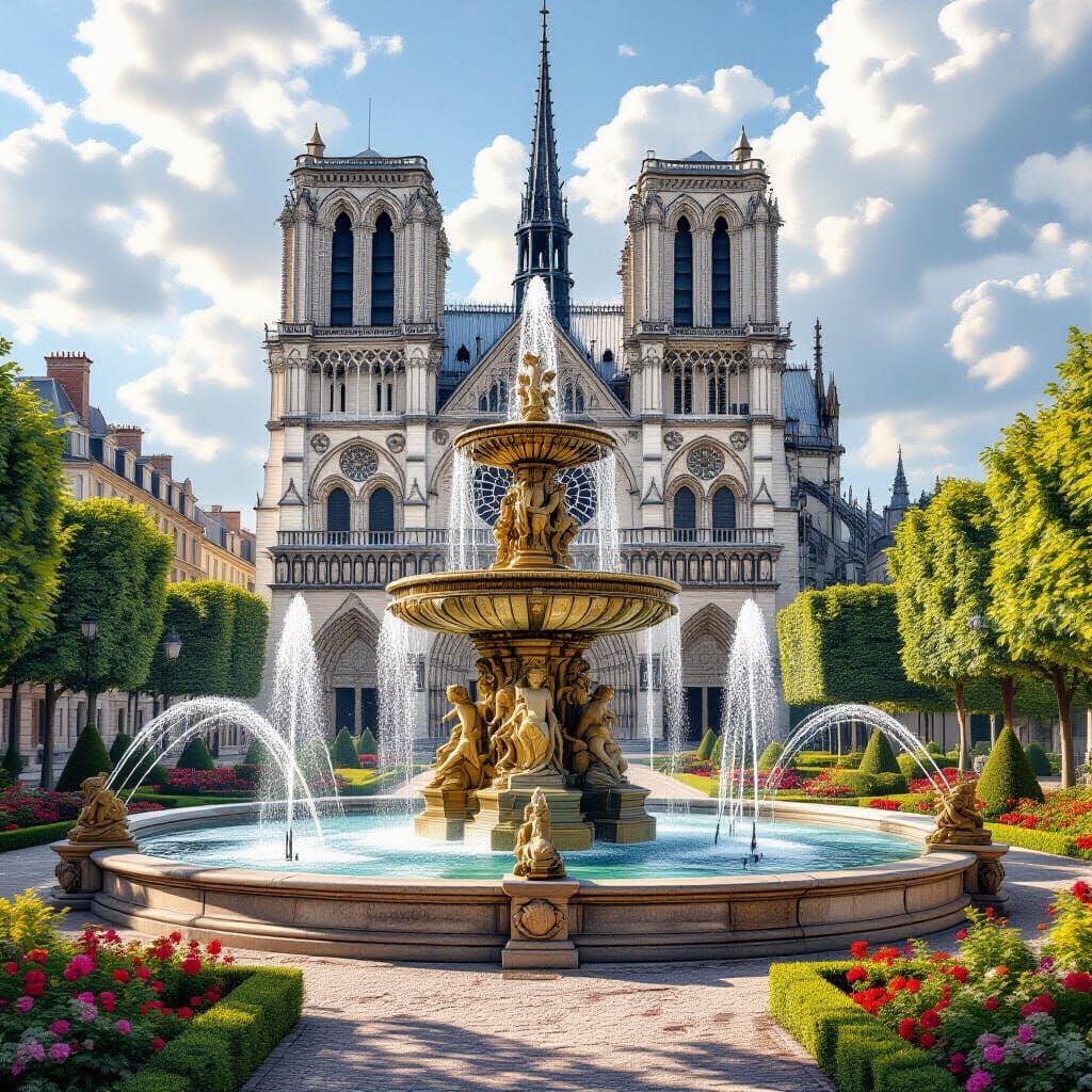 Baroque Fountain at Ancient Cathedral, Matte Painting