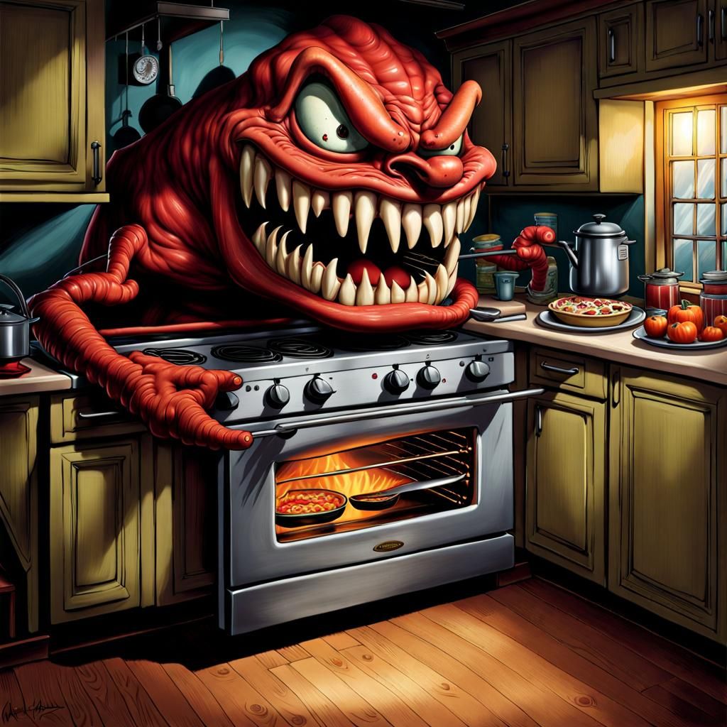 Scary Gothic Oven Caricature Eating a Kitchen