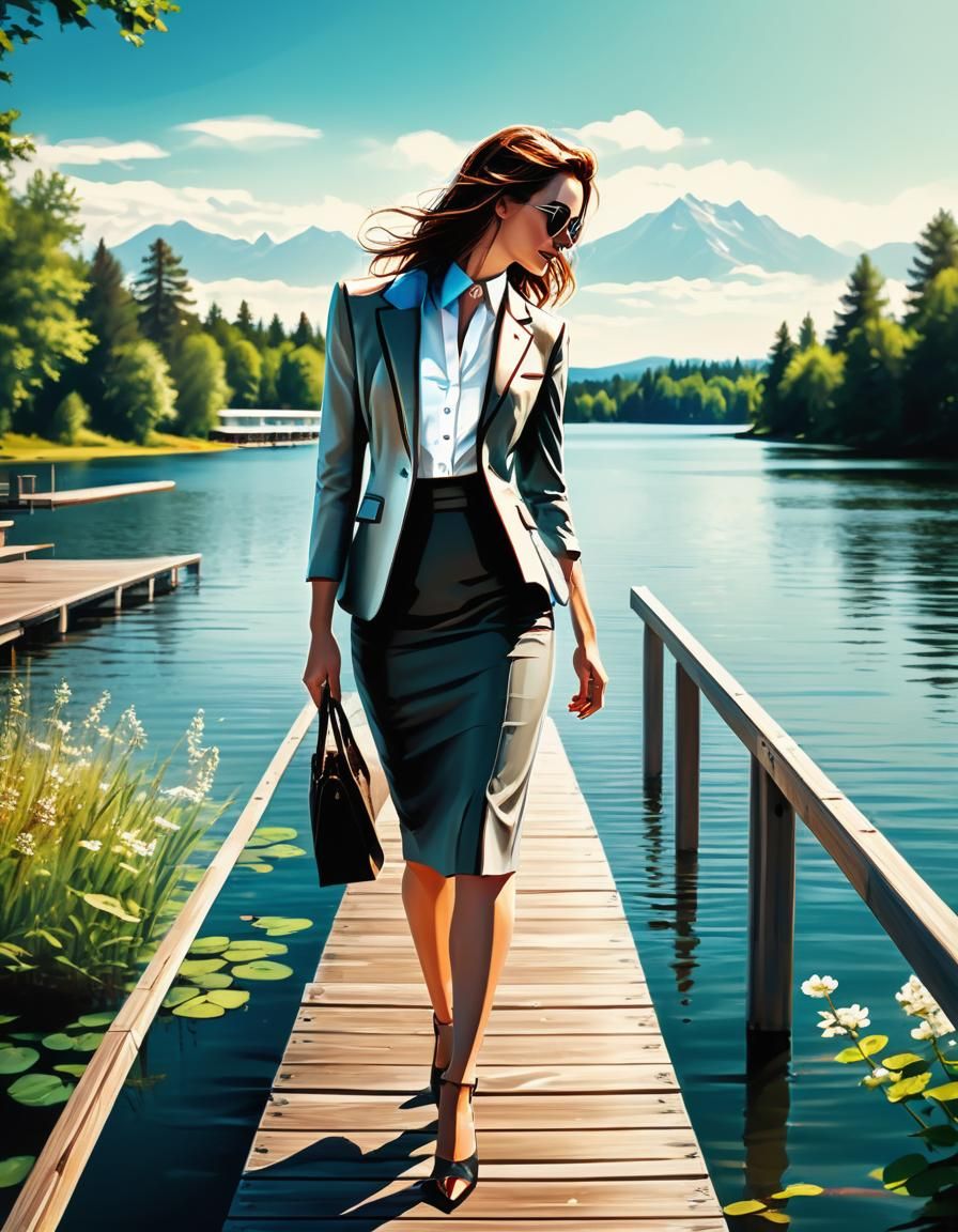 Businesswoman's Sunny Lakeside Walk: Digital Fantasy Art