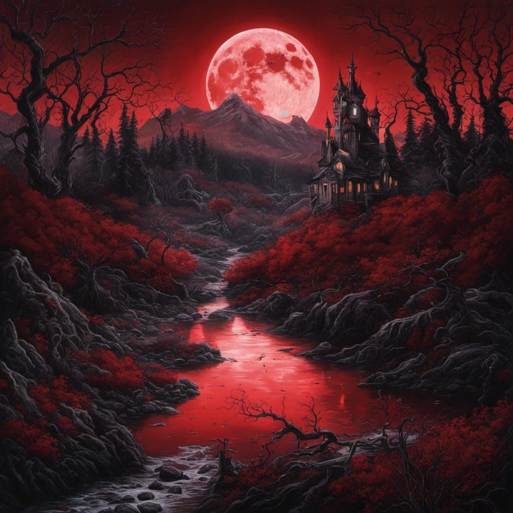 Gothic Creek in Tim Burton Style with Red Moon