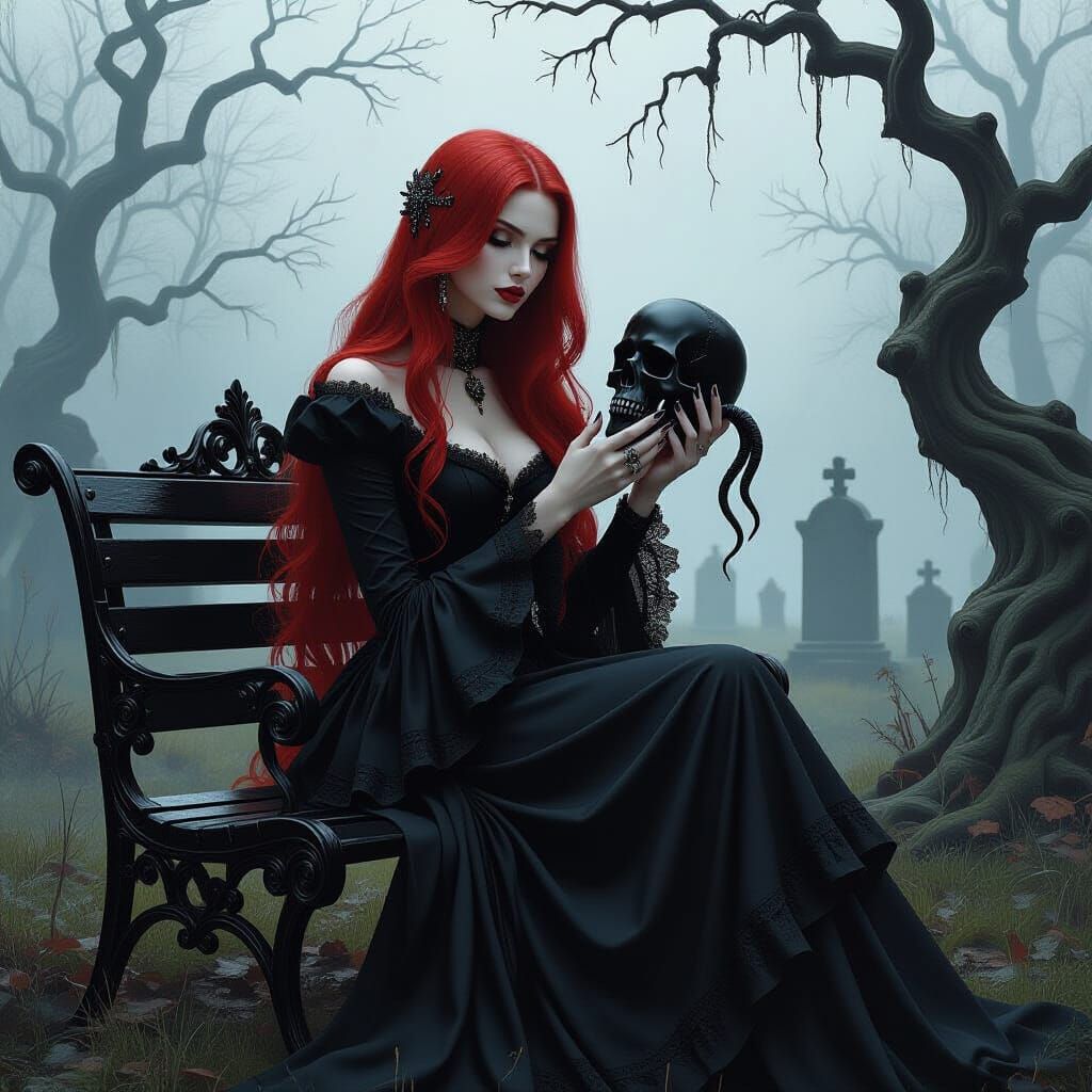 Gothic Lady in Graveyard Oil Painting