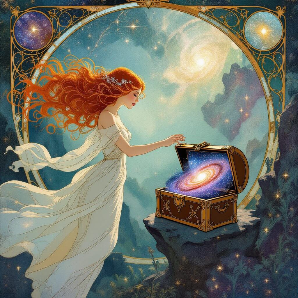 Celestial Woman Reaching for Galaxy Treasure