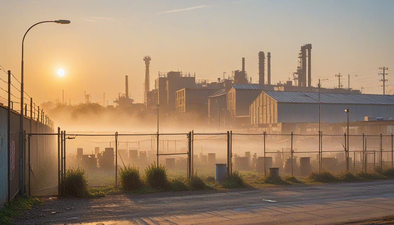 Misty Morning Industrial Scene in Soft Impressionist Style