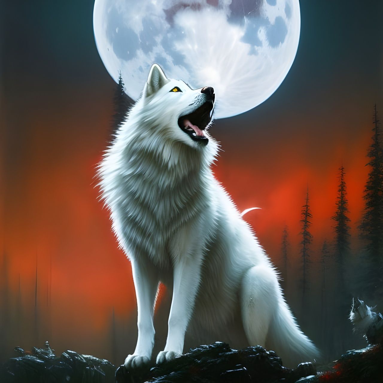 White Wolf Howling at Red Moon in Eerie Style