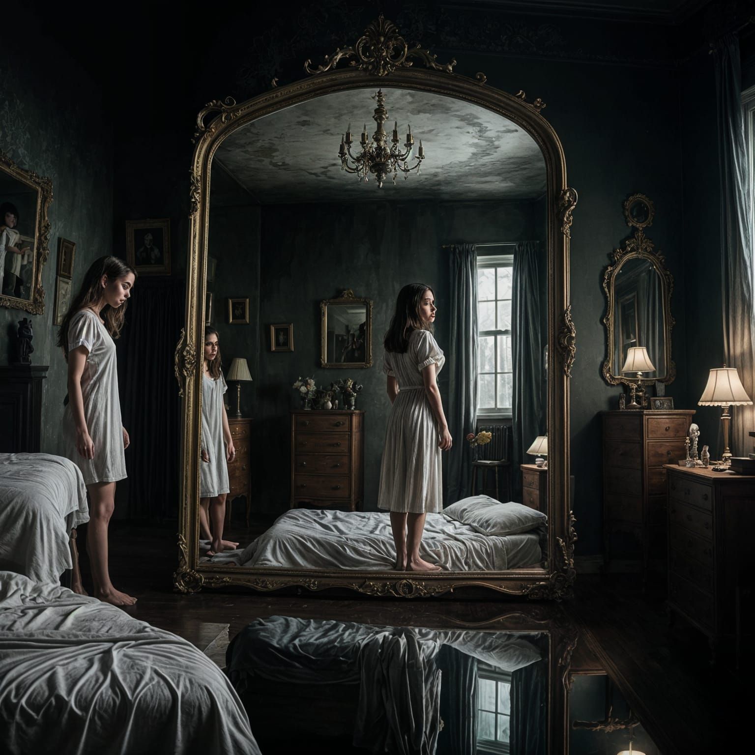 Surreal Nightmare Bedroom in Parallel World Reflection