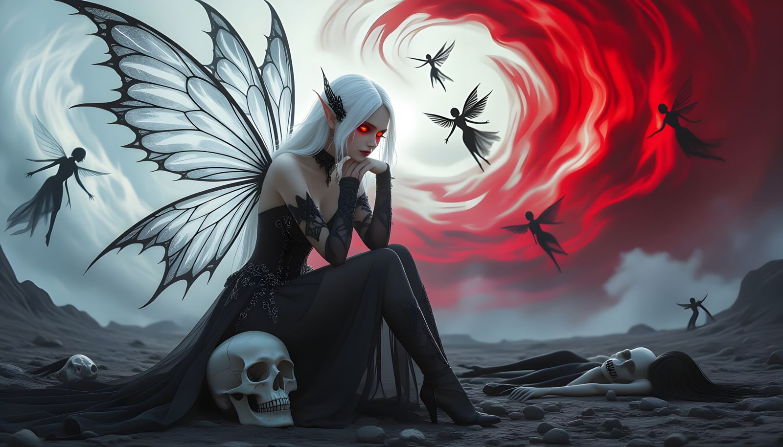Dark Fairy Pondering on Skull in Moody HDR Style