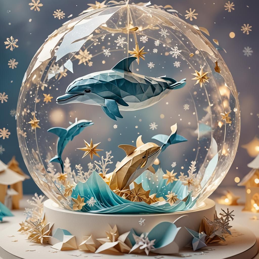 Dolphin and Whale Snow Globe Diorama in Origami Style