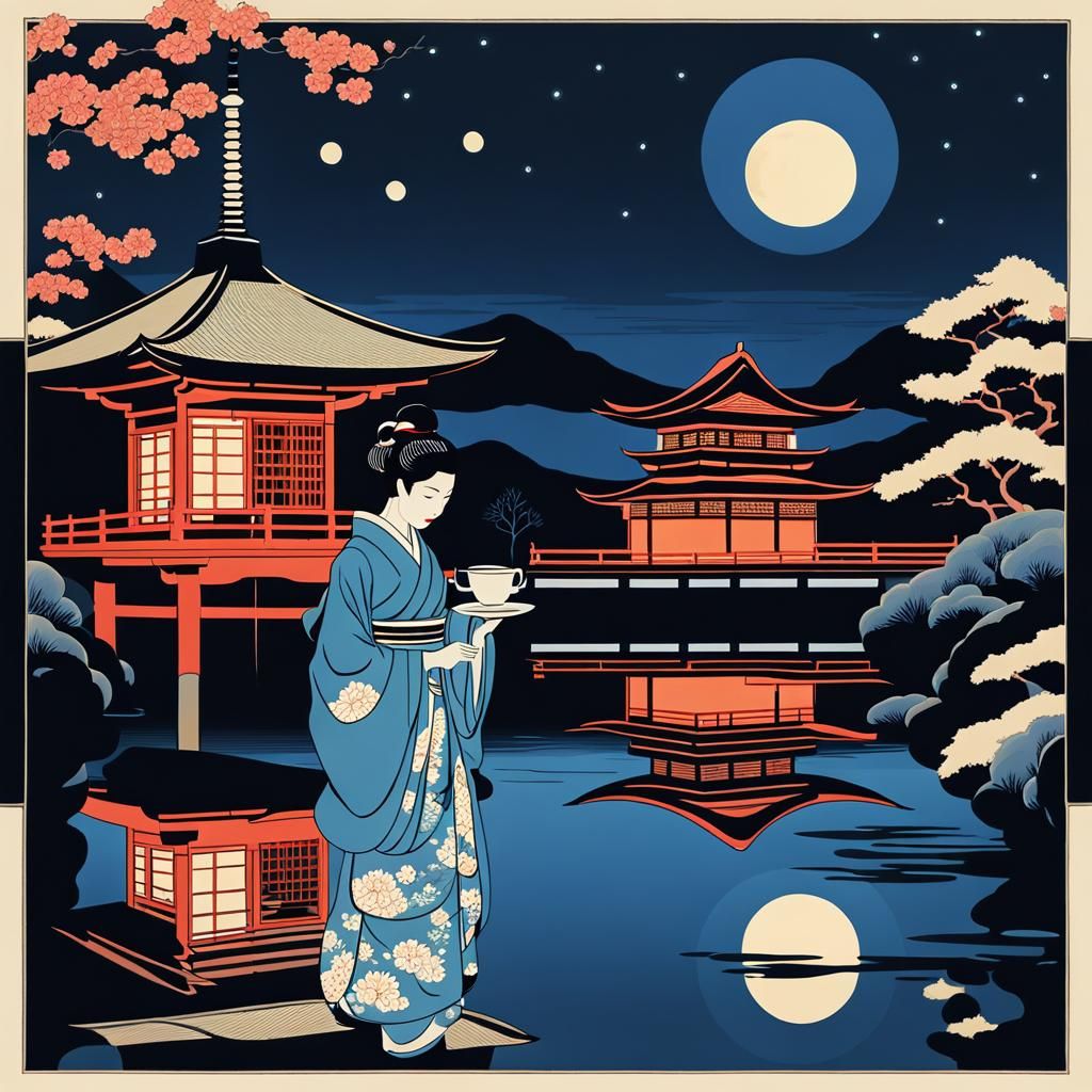 Woman at Pagoda in Japanese Woodblock Style