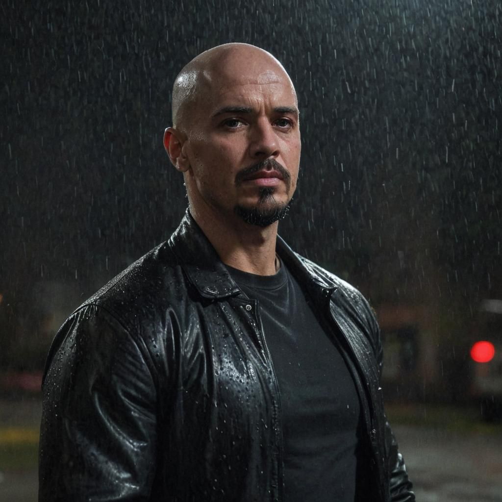 Bald Man in Leather Jacket at Night