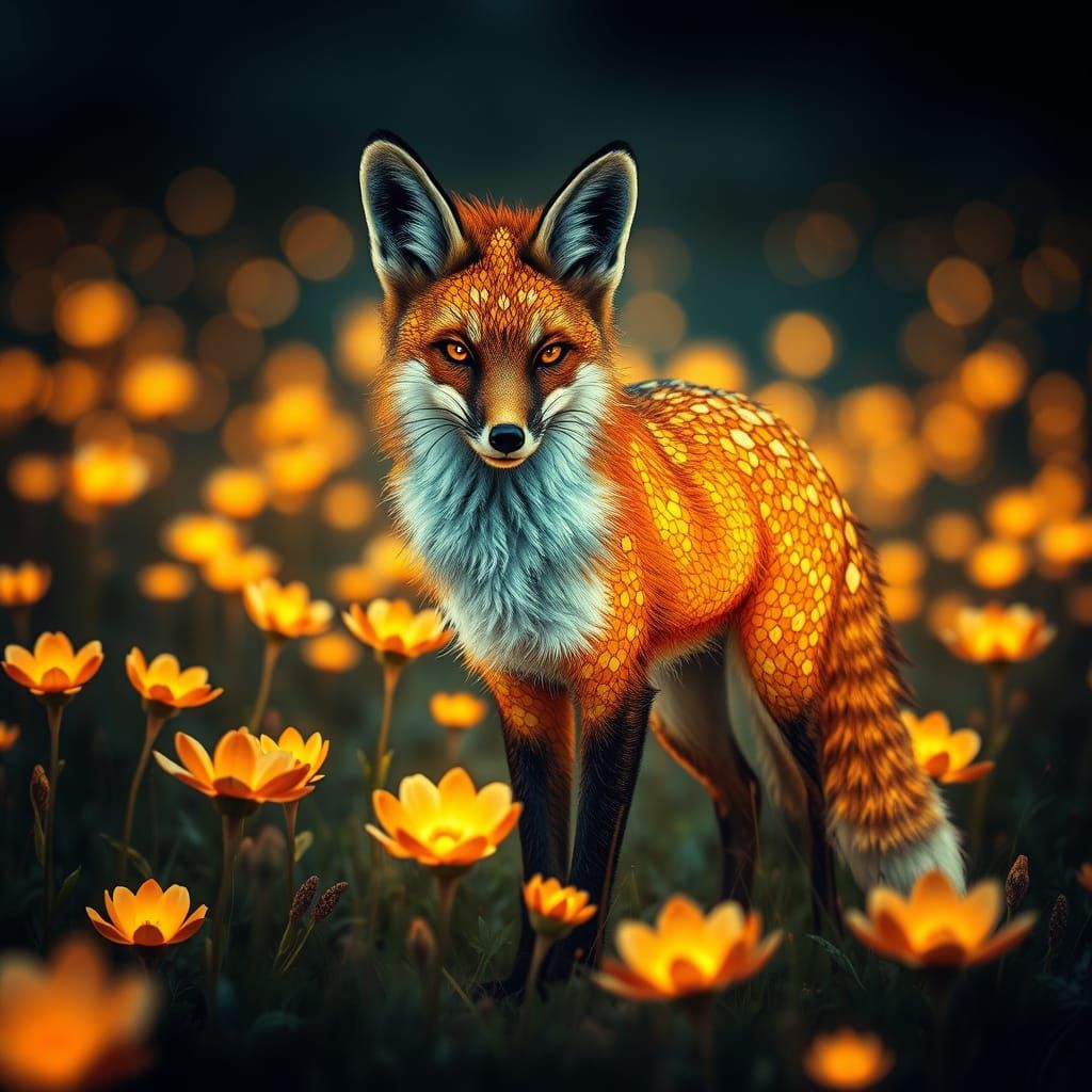 Bioluminescent Kintsugi Fox in Glowing Flower Field