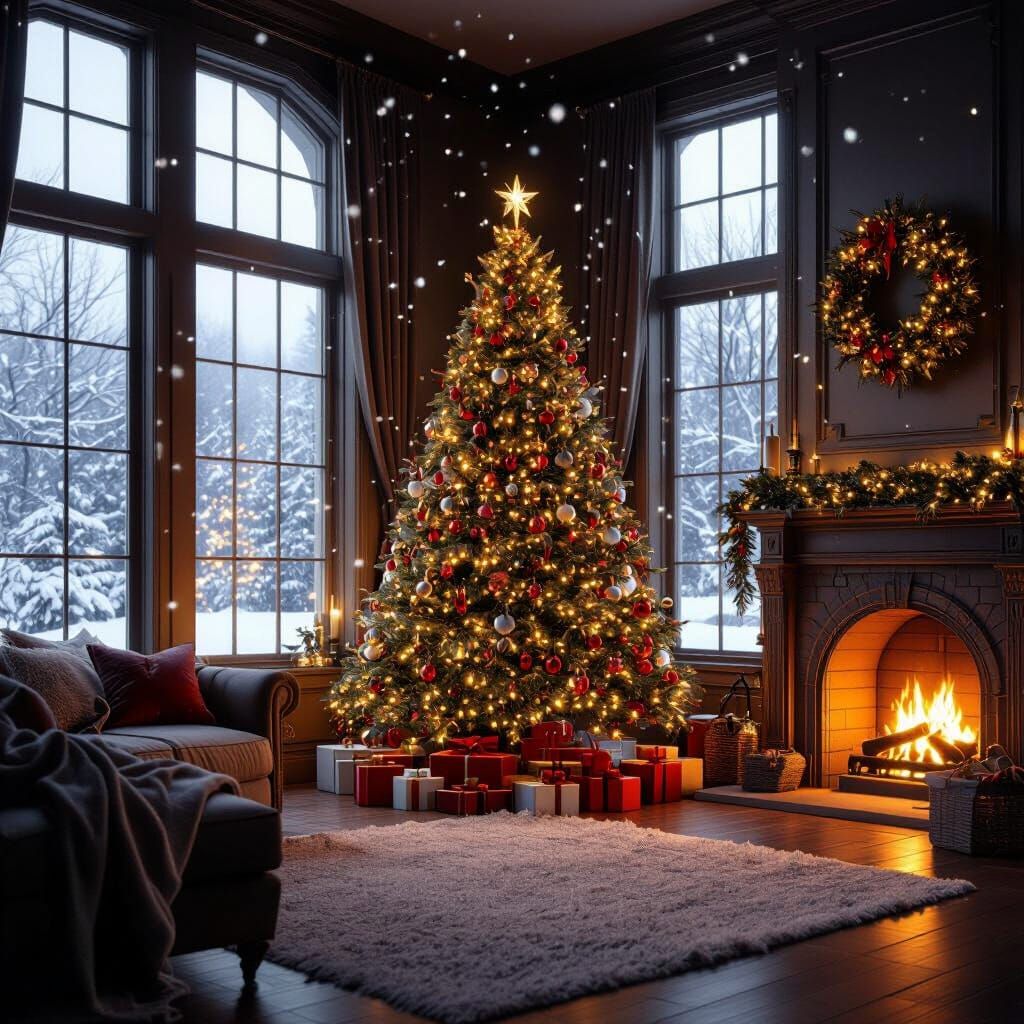 Cozy Christmas Living Room with Fireplace and Snowfall