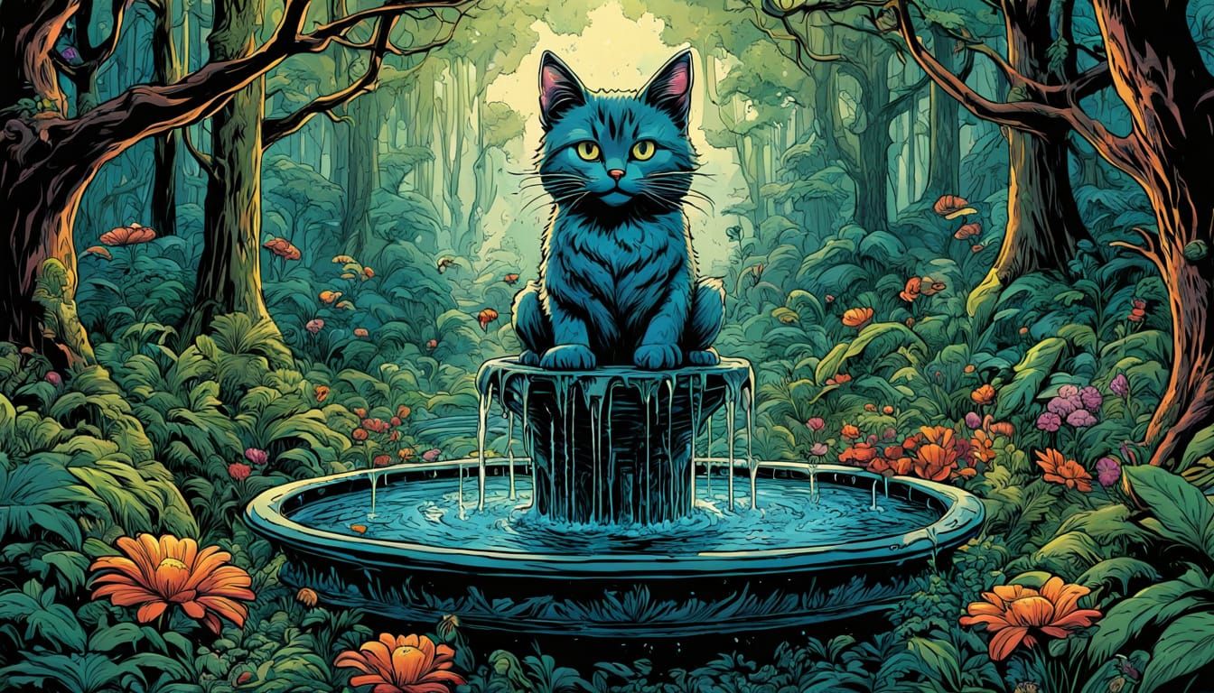Magical Forest Fountain with Playful Kittens
