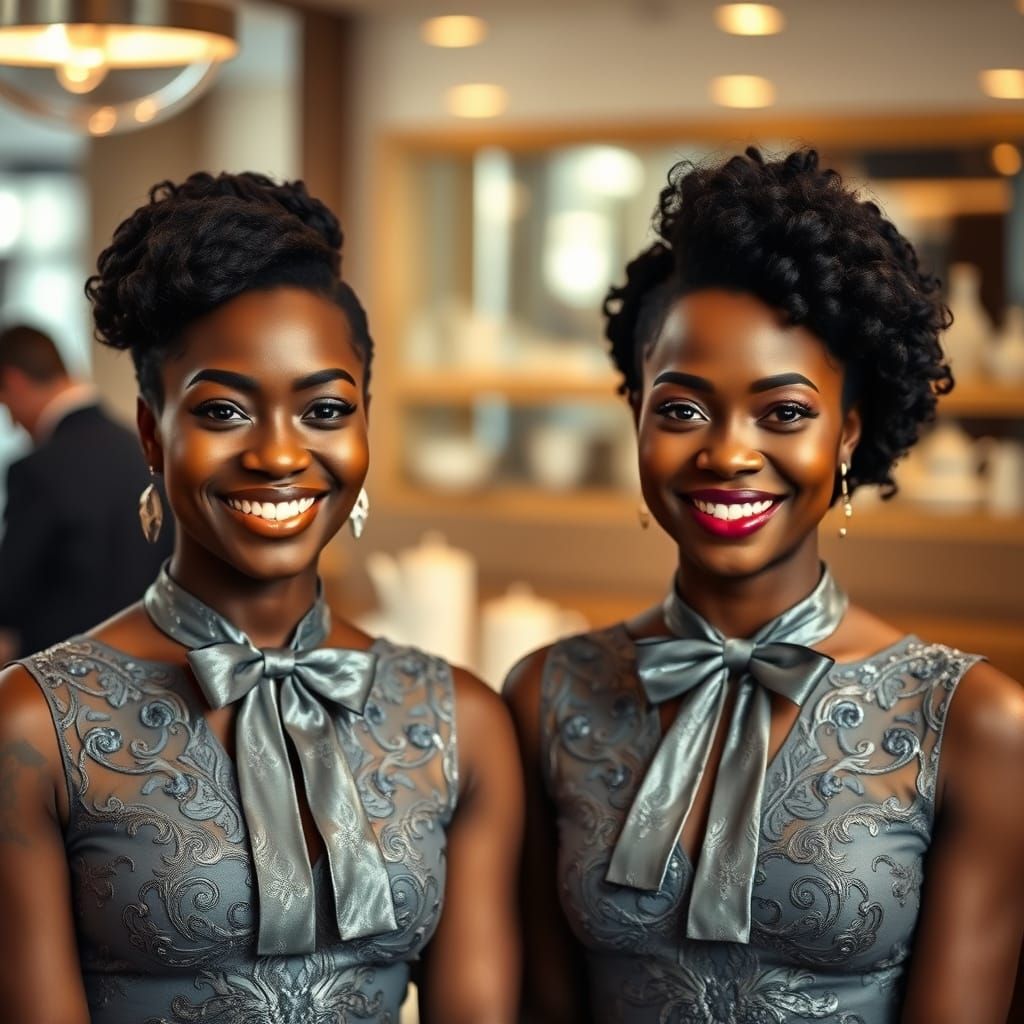 Smiling Women in Metallic Dresses, Colbert Cinematic Style