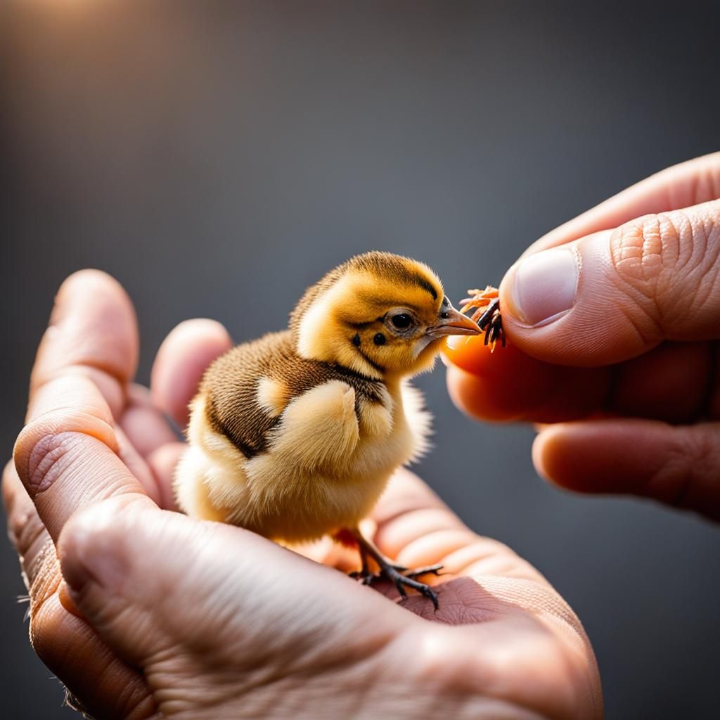 Baby Chick Pecking Seeds in Hand, Professional Photography