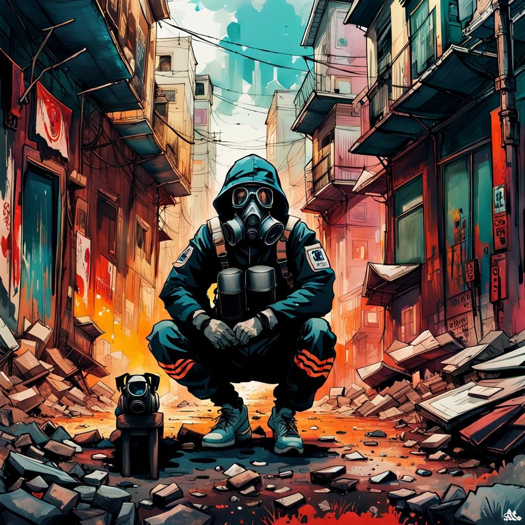Soldier in Gas Mask Squatting in Decayed City