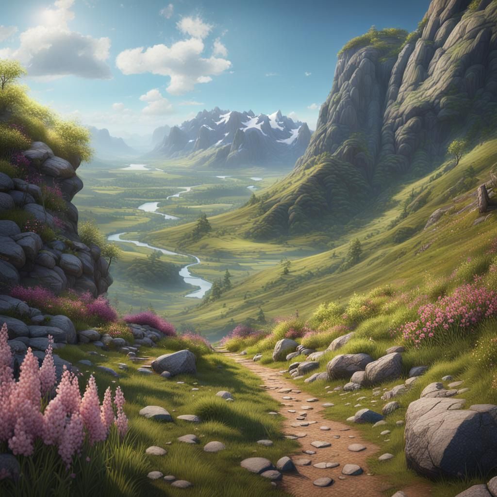 Mountain hiking trail in spring, cliff on the side, small valleys in the distance, stream below, HD, 8k detailed matte p...