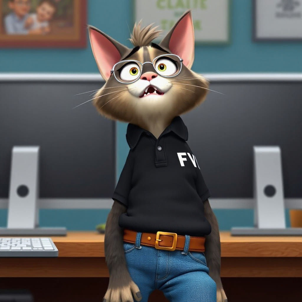 Shocked Cat at Desk in Pixar Animation Style