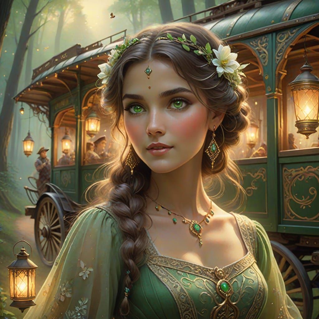 Enchanting Gypsy Woman Dancing in Mystical Woodland