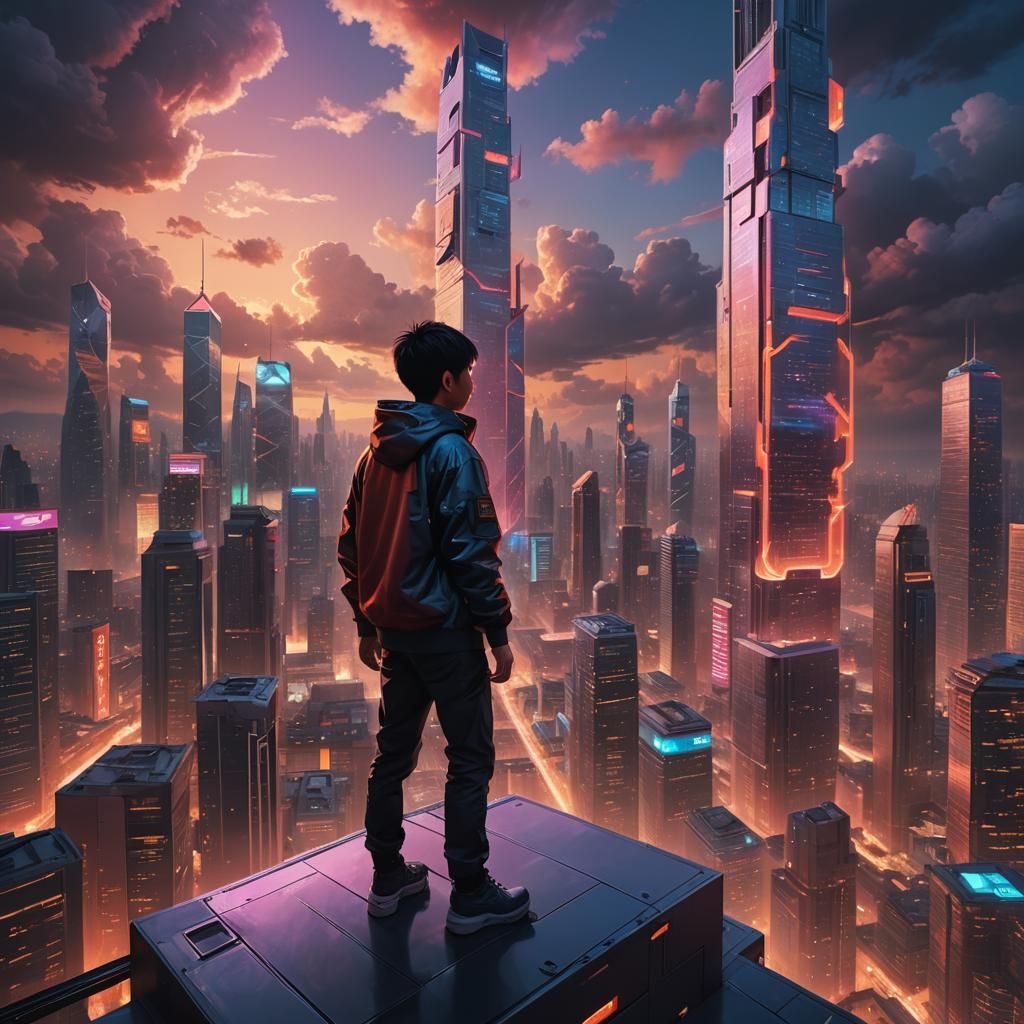 Chinese Boy on Futuristic Building at Golden Hour