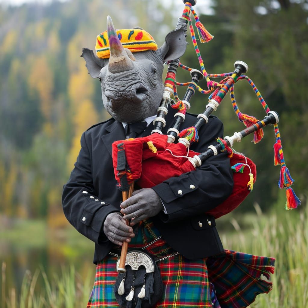 Rhino Plays Psychedelic Bagpipes in Kilt