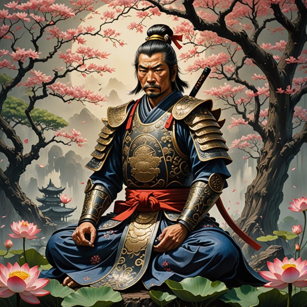 Majestic Samurai Finds Inner Peace Under Ancient Lotus Tree