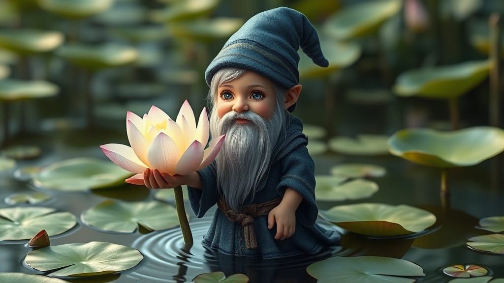 Toddler Gnome with Lotus Flower, Fairytale Art