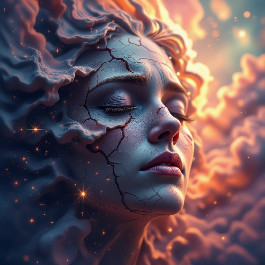 Face Dissolving into Stars in Hyperrealistic Splash Art