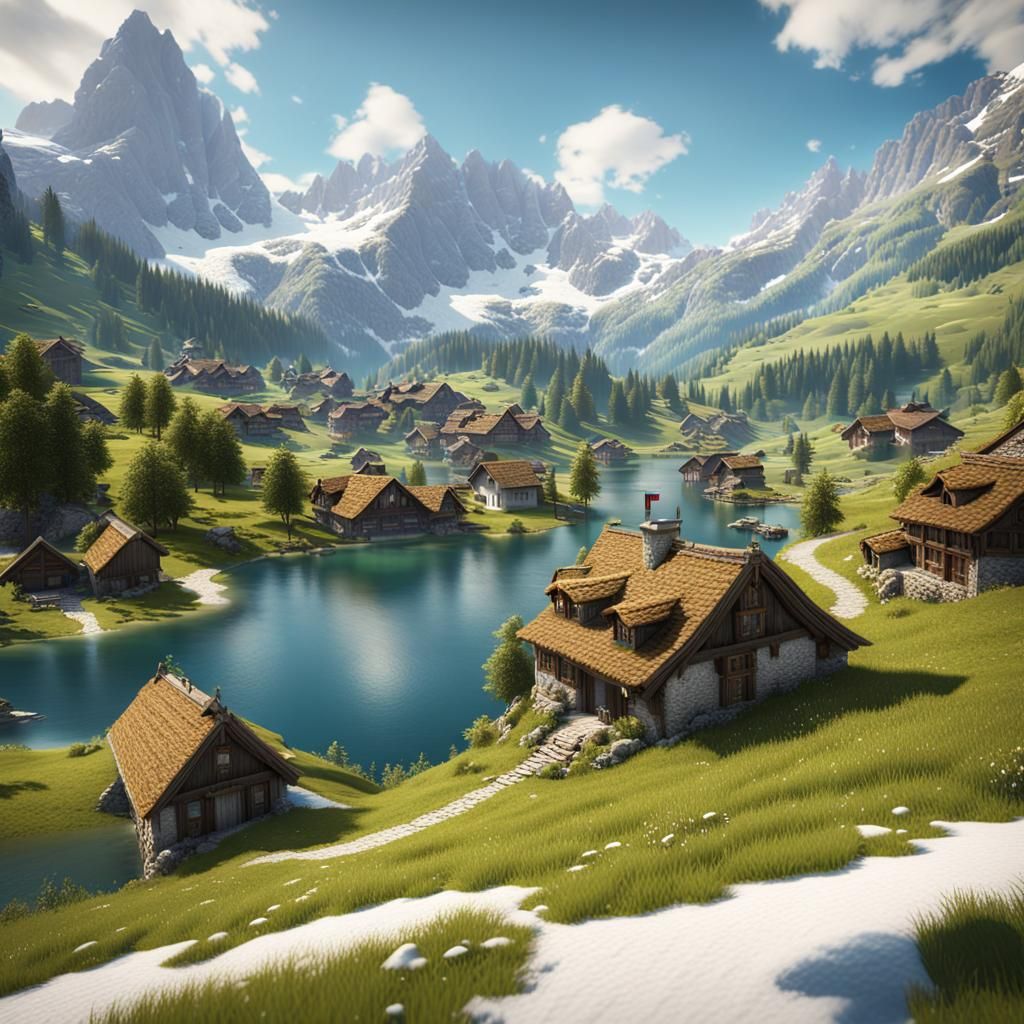 an image capturing the stunning landscapes of the Alps. Showcase towering, snow-capped peaks, lush green meadows, and cr...