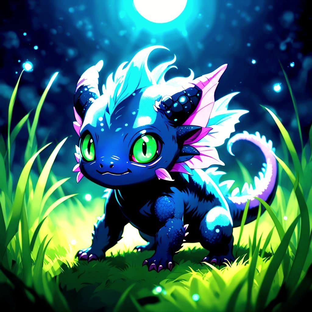 Mystical Shadow Axolotl in Whimsical Chibi Style