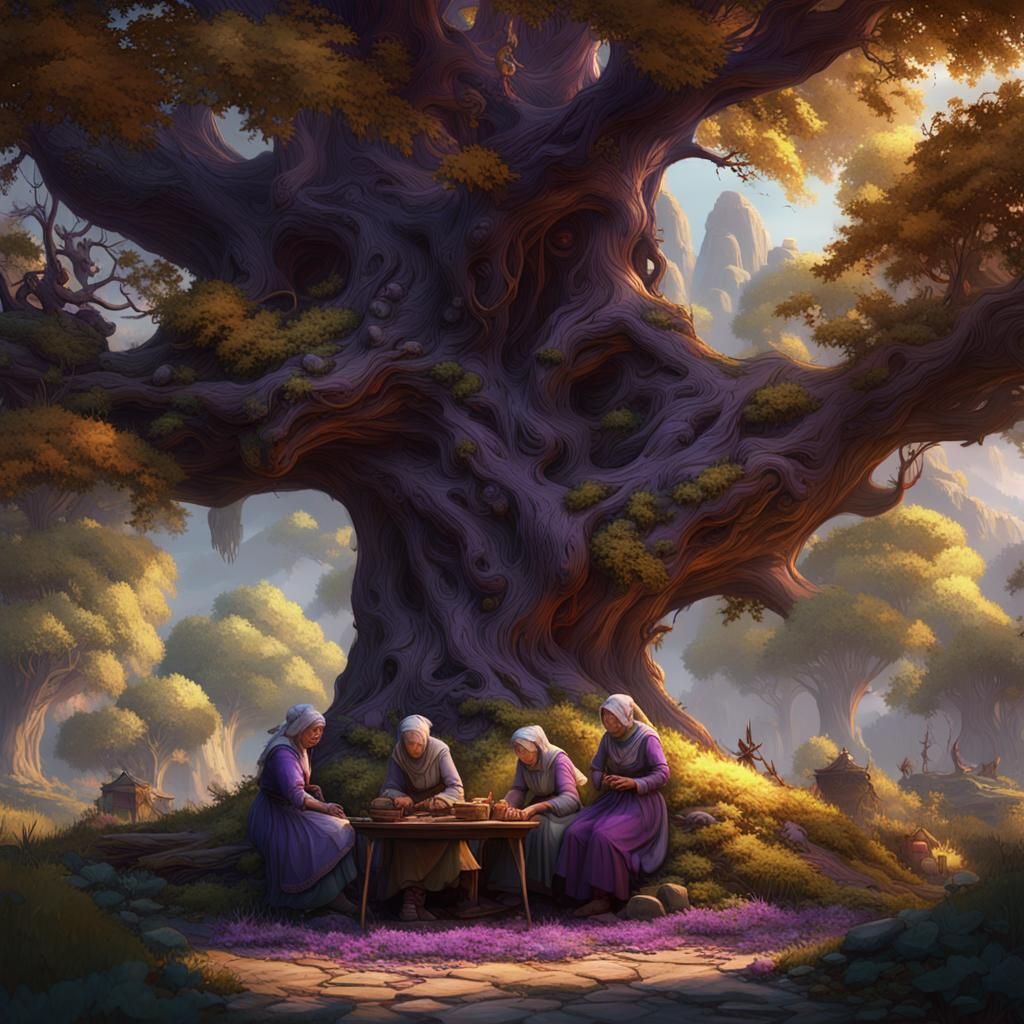Detailed Weavers Under a Tree, Dark Fantasy Art