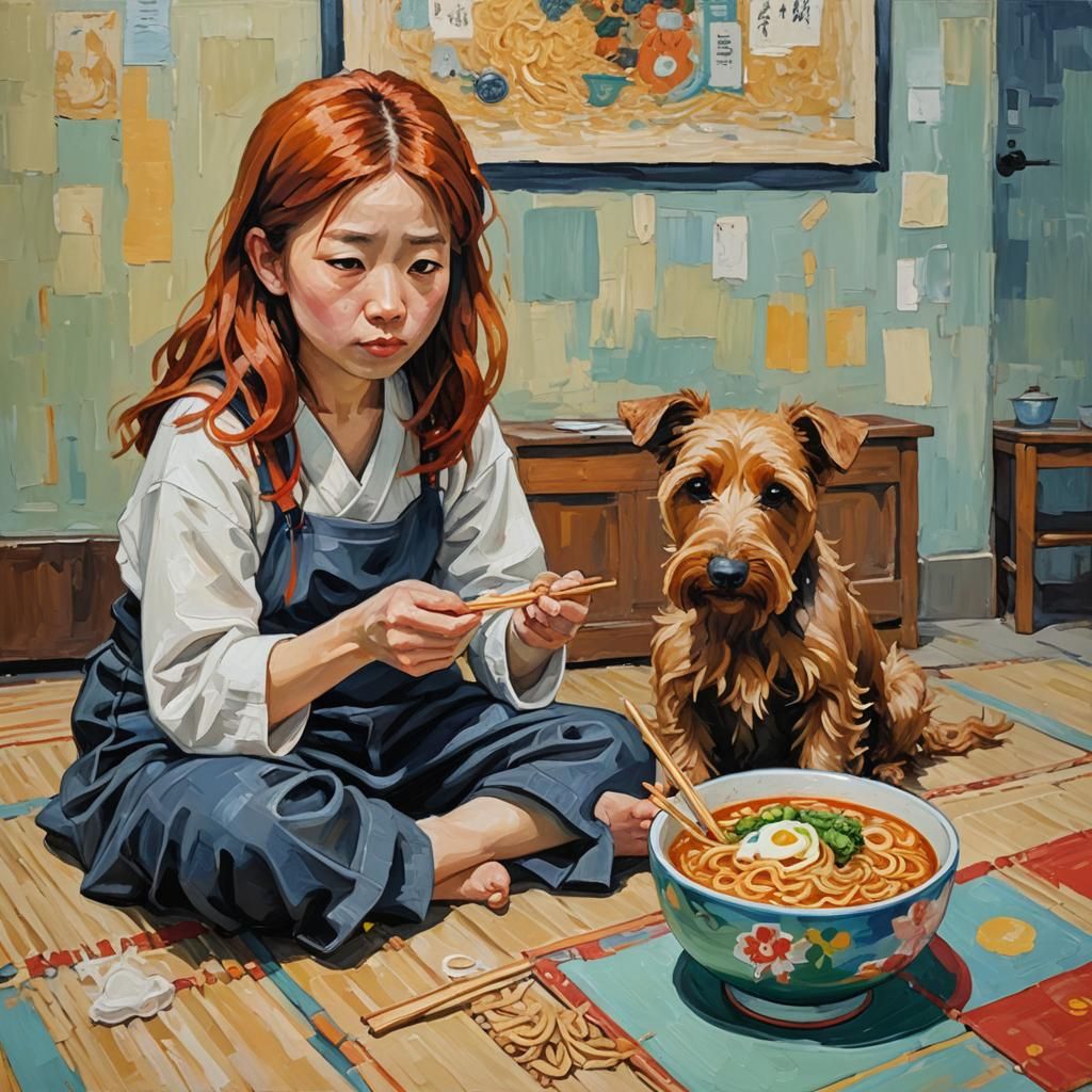 Noodles with the dog.