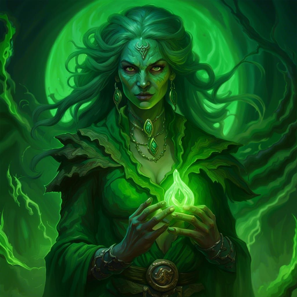 Psionic D&D Hag with Green Magic, Detailed Matte Painting