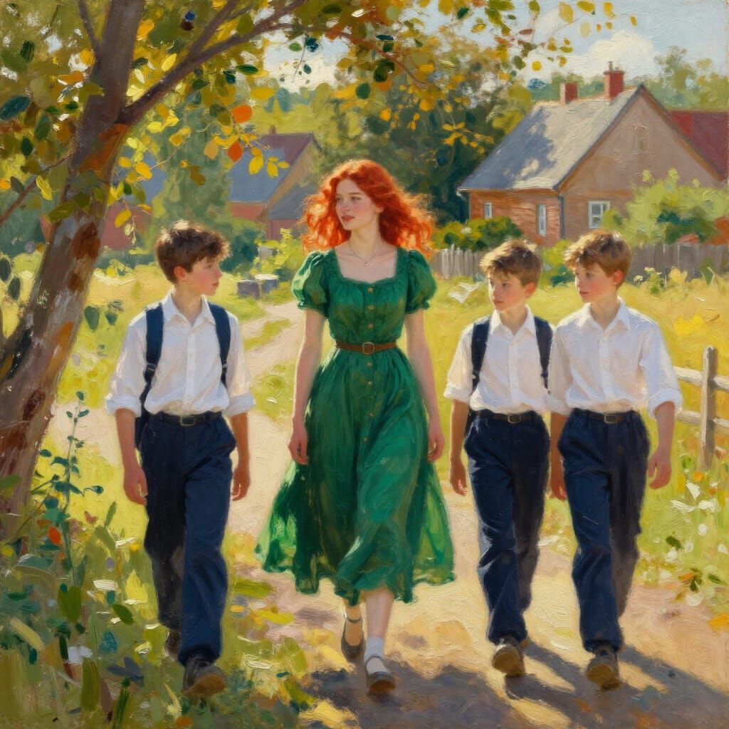 Woman in Green Dress Meets Boys in Village