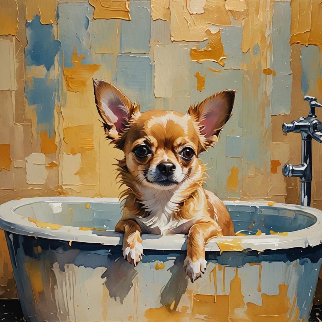 Chihuahua in Tub: Gouache Impressionist Portrait