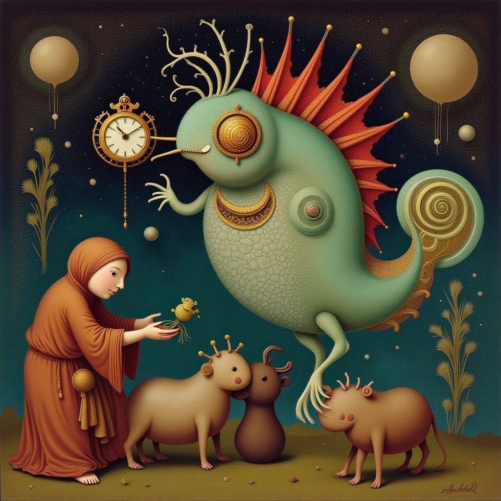 Renaissance Fish Creature with Clocks, Dürer Style