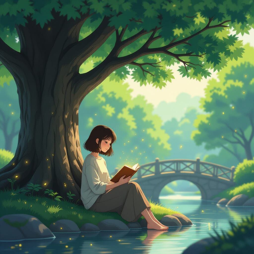 Anime Girl Reading in Magical Park