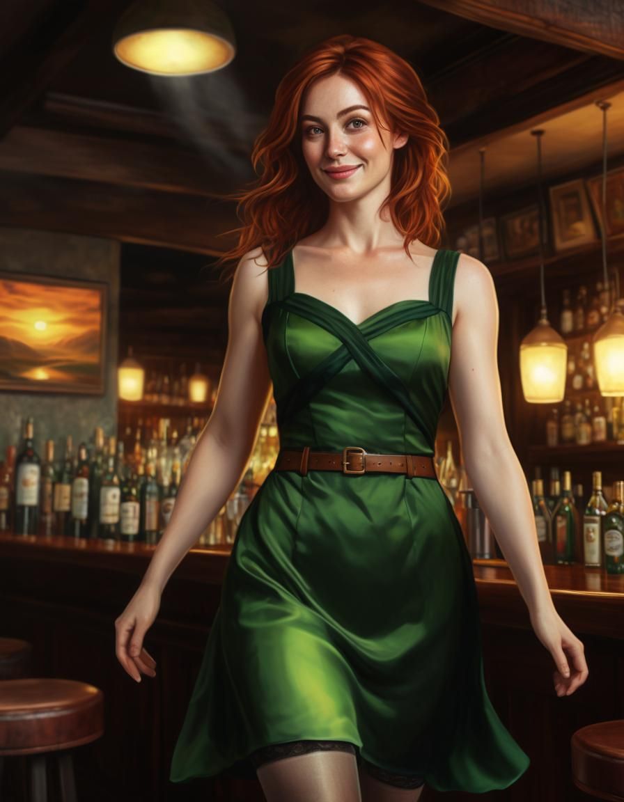 Auburn Woman in Bar: Chiaroscuro Oil Painting