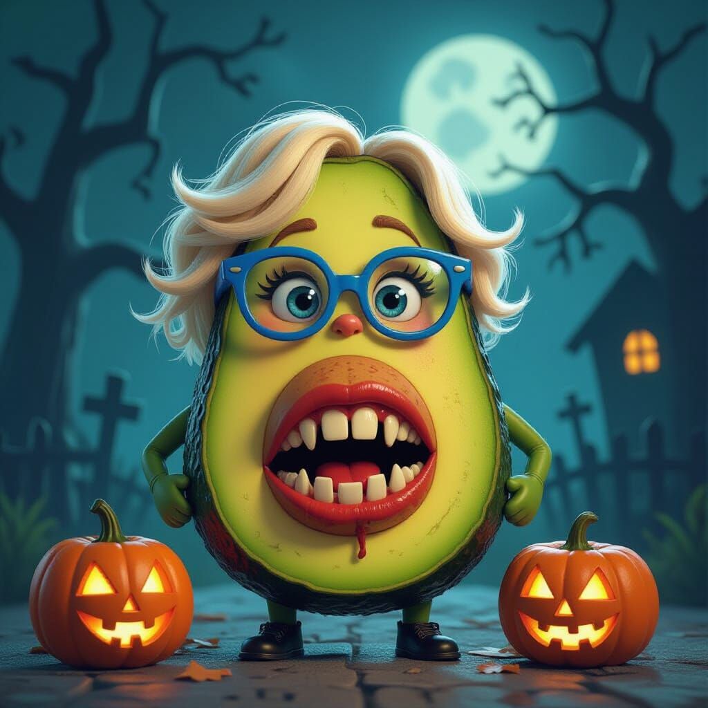 Anthropomorphic Avocado with Blue Glasses and Bloody Teeth