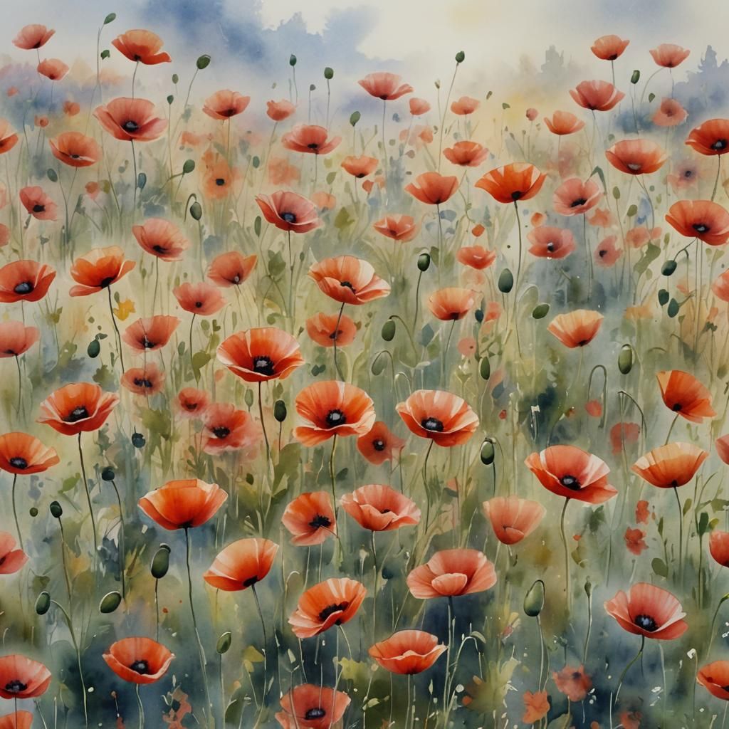 Poppy Field in Watercolour Style on Misty Morning