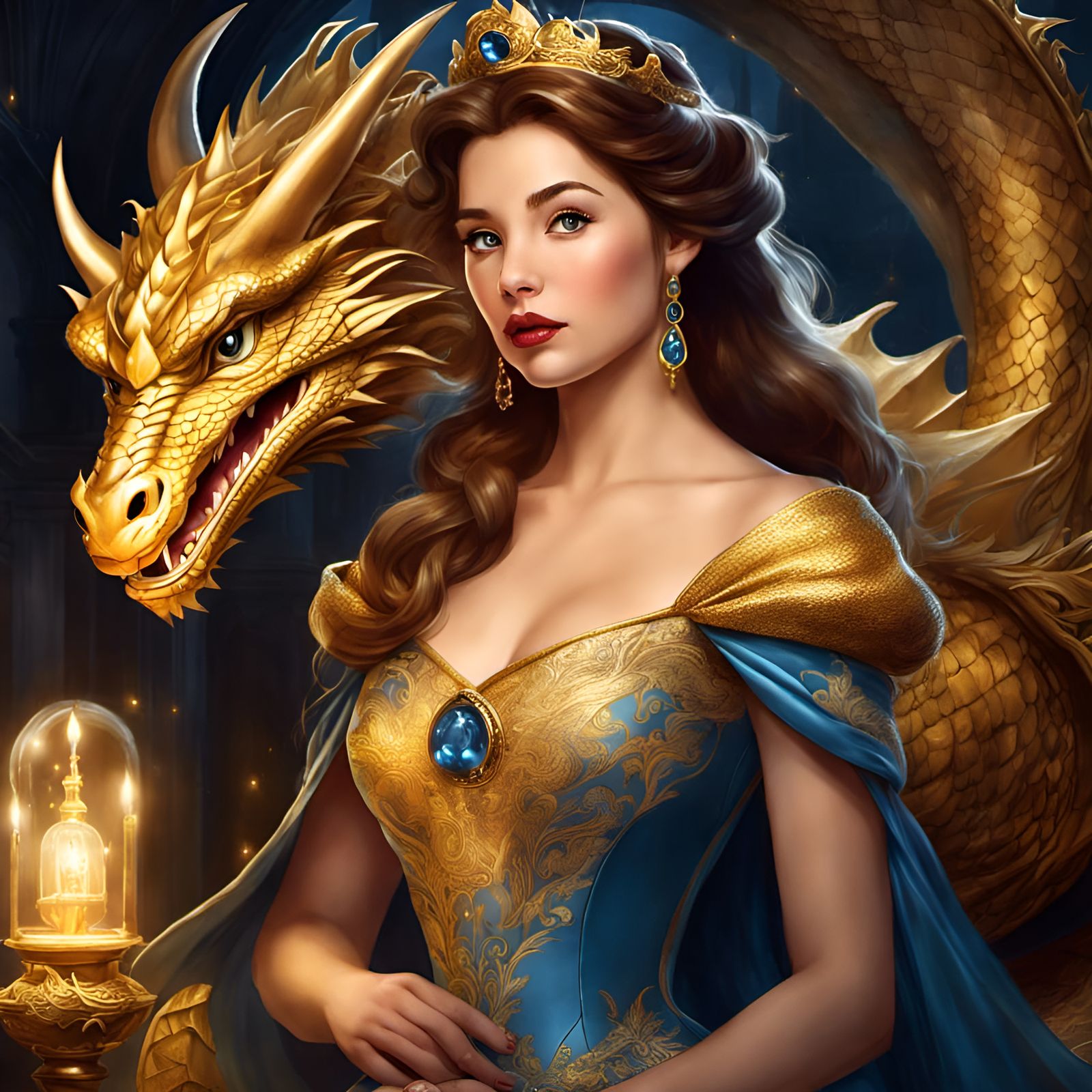 Princess Belle in Dragon Dress, Golden Age Illustration