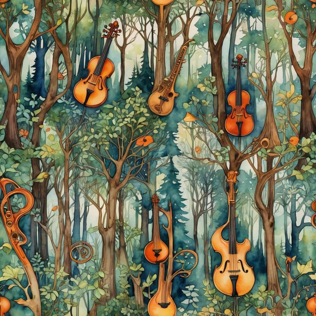 Enchanted Musical Forest in Art Nouveau Watercolor