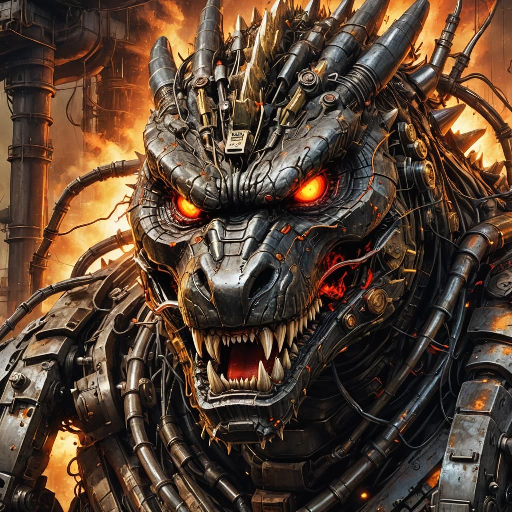 Mechanical Godzilla Head in Sci-Fi Illustration