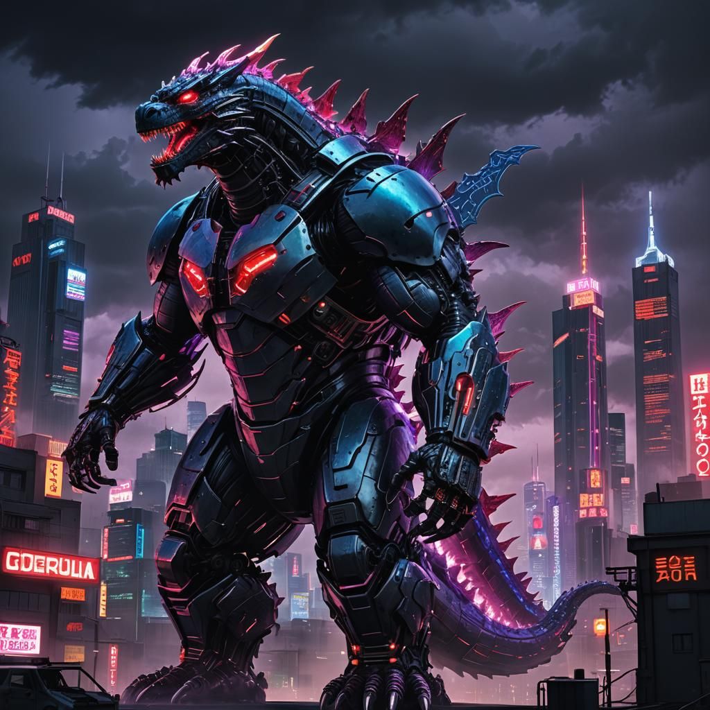 Cyberpunk Mechanical Godzilla Amidst Desolate Cityscape