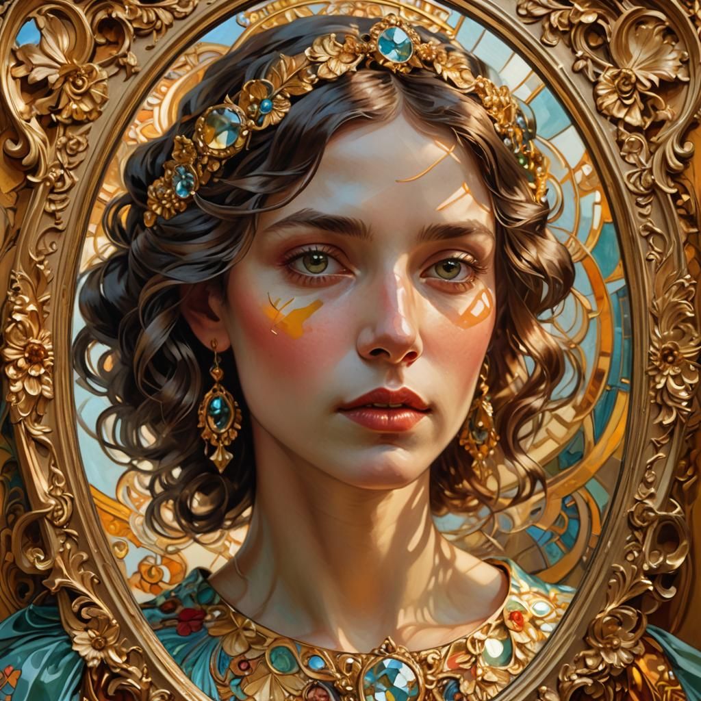 Woman with Mirror in Art Nouveau Style