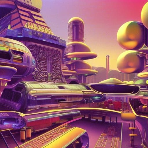 Surreal Retrofuturism Scene with Vibrant Art Deco Colors