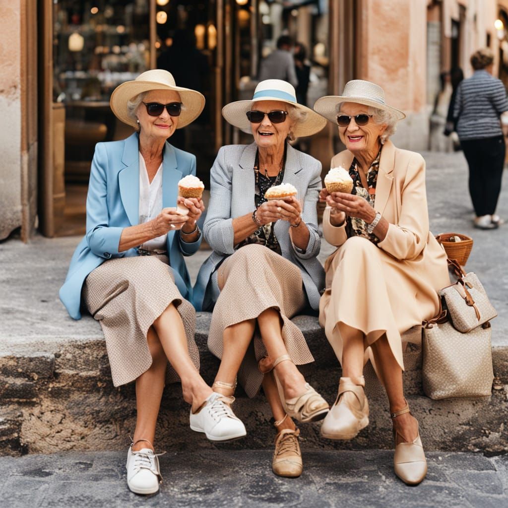 Three Elegant Women Enjoy Gelato in Italy