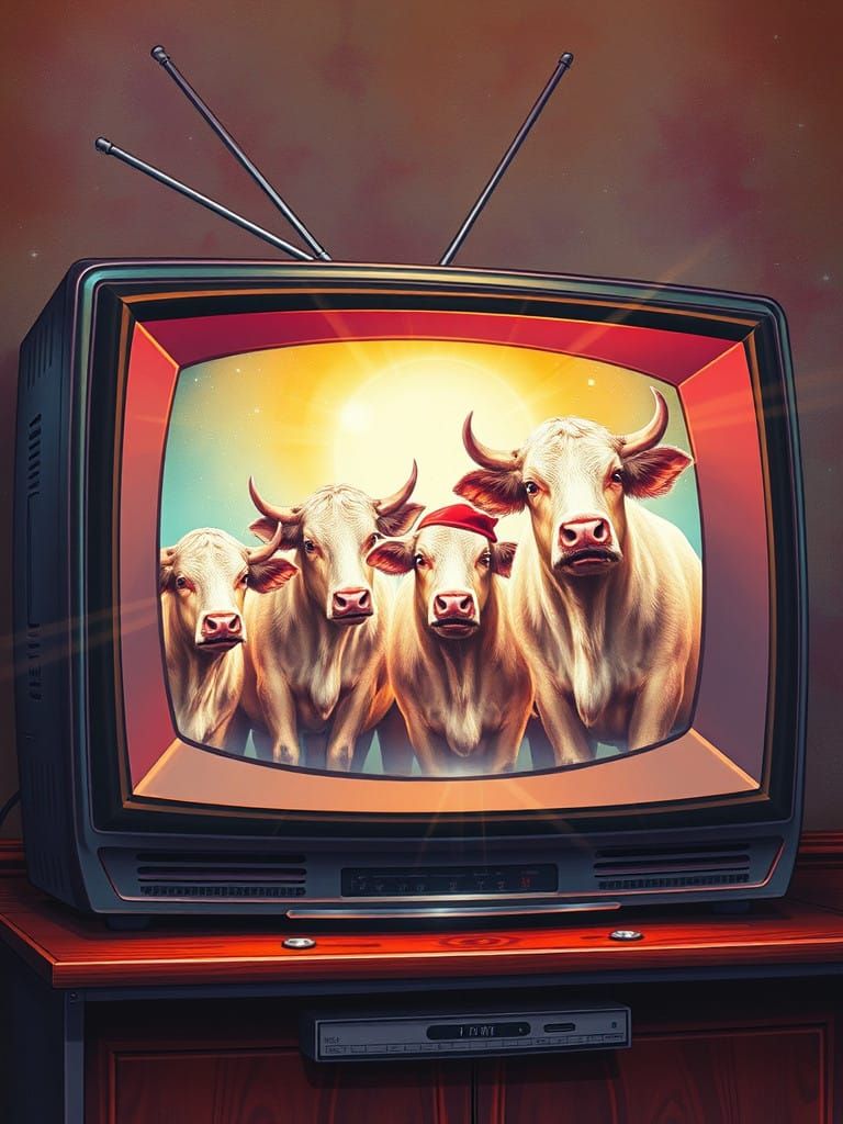 Surreal Pop Art Scene of Sheep Watching TV Under Hypnotic MK...