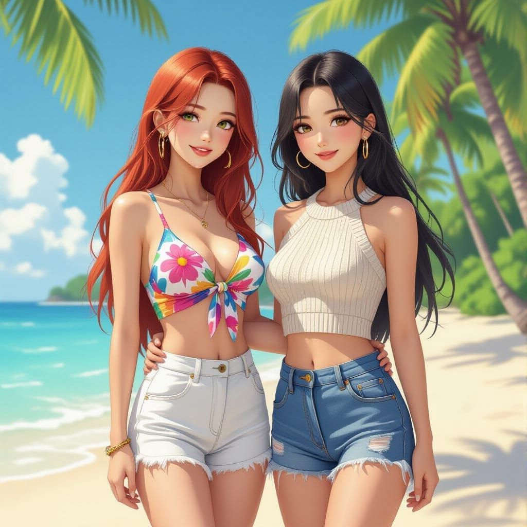 Two Women on Tropical Beach in Anime Style