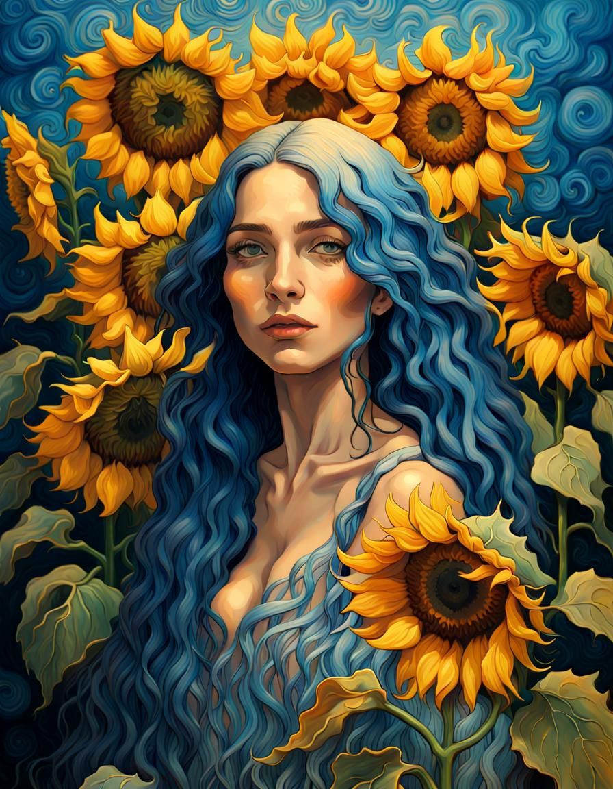 Blue-Haired Woman in Sunflower Field, Van Gogh Style